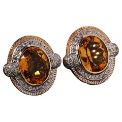 Pendientes Art Decó de oro amarillo y blanco de 14 quilates con halo de diamantes citrinos amarillos de 8,3 quilates