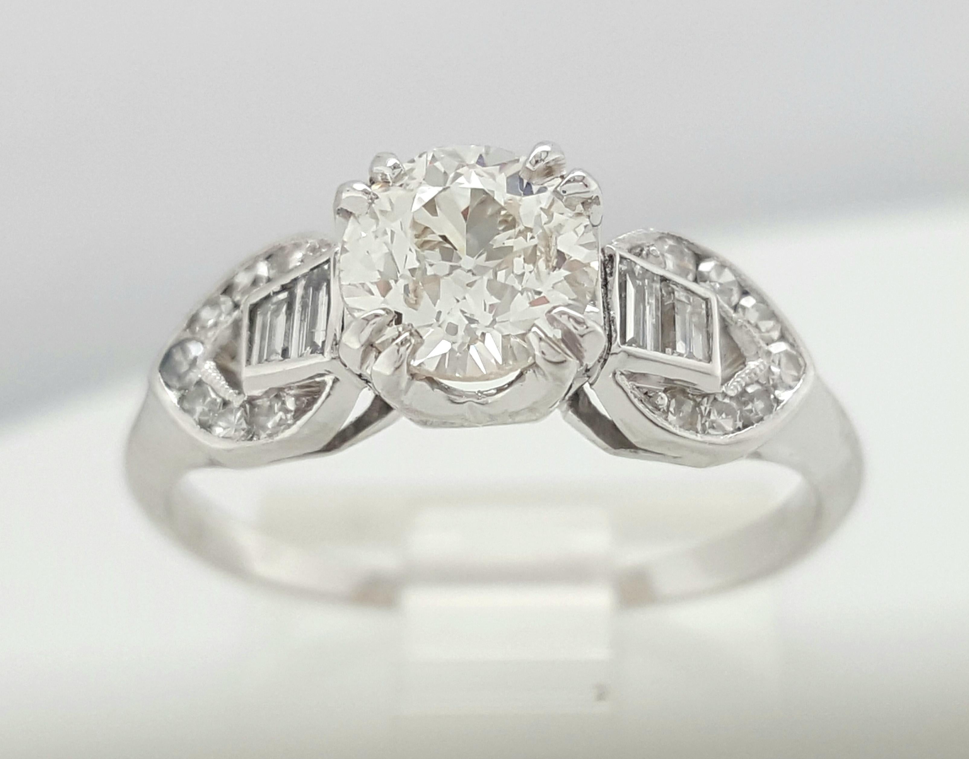 Women's Art Deco .84 Old European Cut Diamond Single and Baguette Platinum Ring For Sale