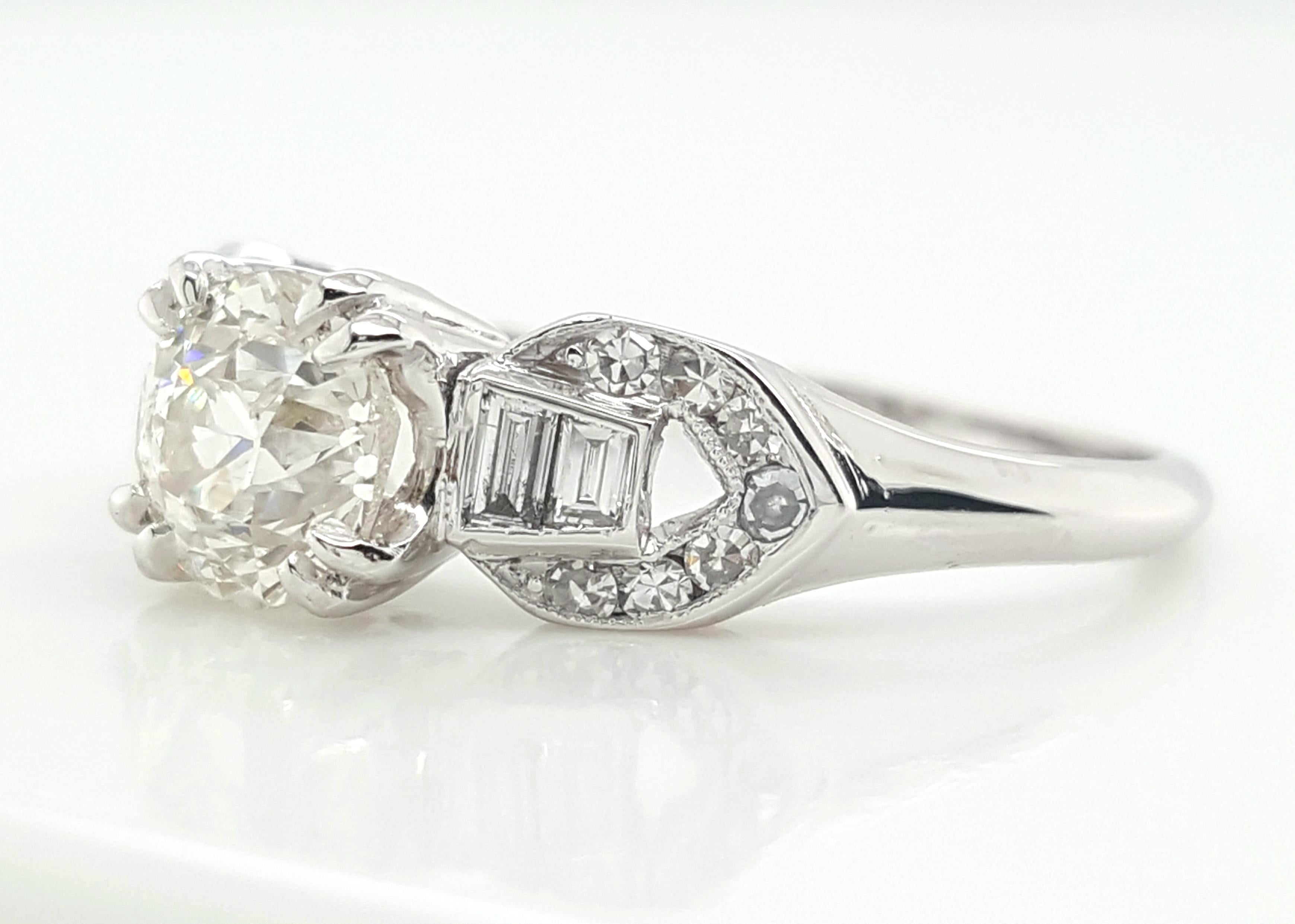 Art Deco .84 Old European Cut Diamond Single and Baguette Platinum Ring For Sale 1