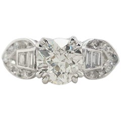 Art Deco .84 Old European Cut Diamond Single and Baguette Platinum Ring