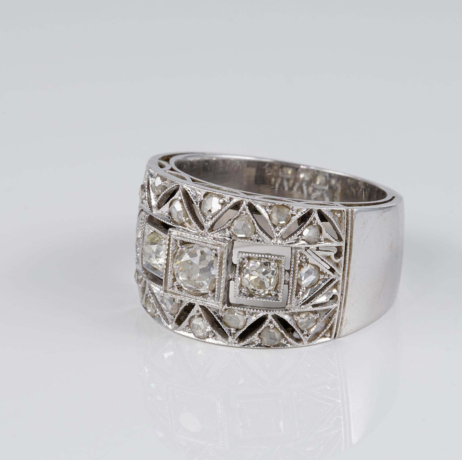 Old Mine Cut Art Deco .85 Ct  Diamond Wide Band 18 KT Ring For Sale