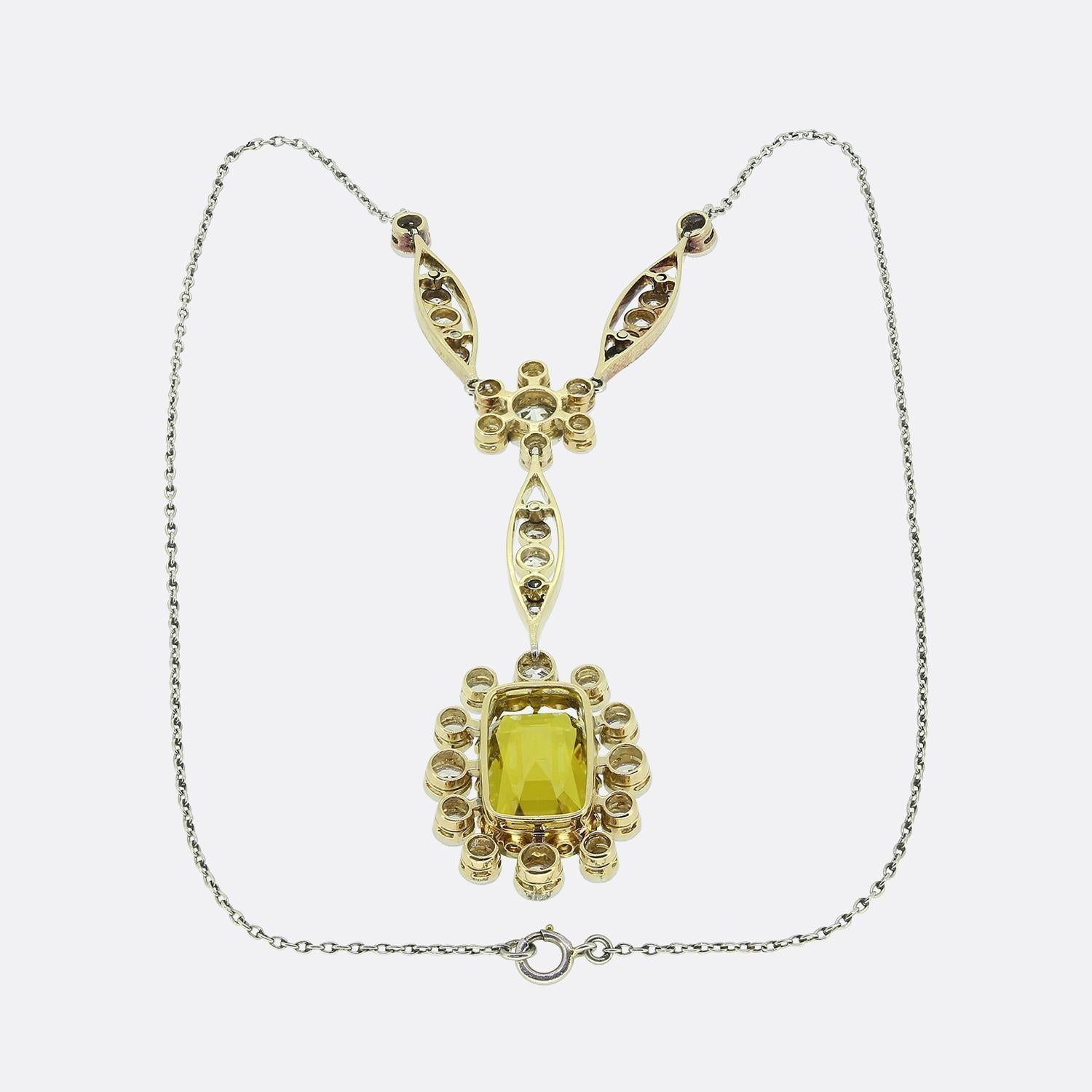 Old Mine Cut Art Deco 8.50 Carat Chrysoberyl and Diamond Drop Necklace For Sale