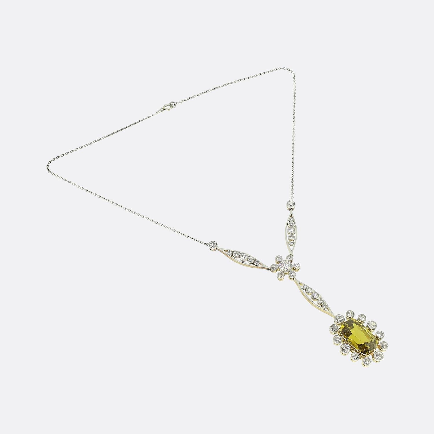 Art Deco 8.50 Carat Chrysoberyl and Diamond Drop Necklace In Good Condition For Sale In London, GB