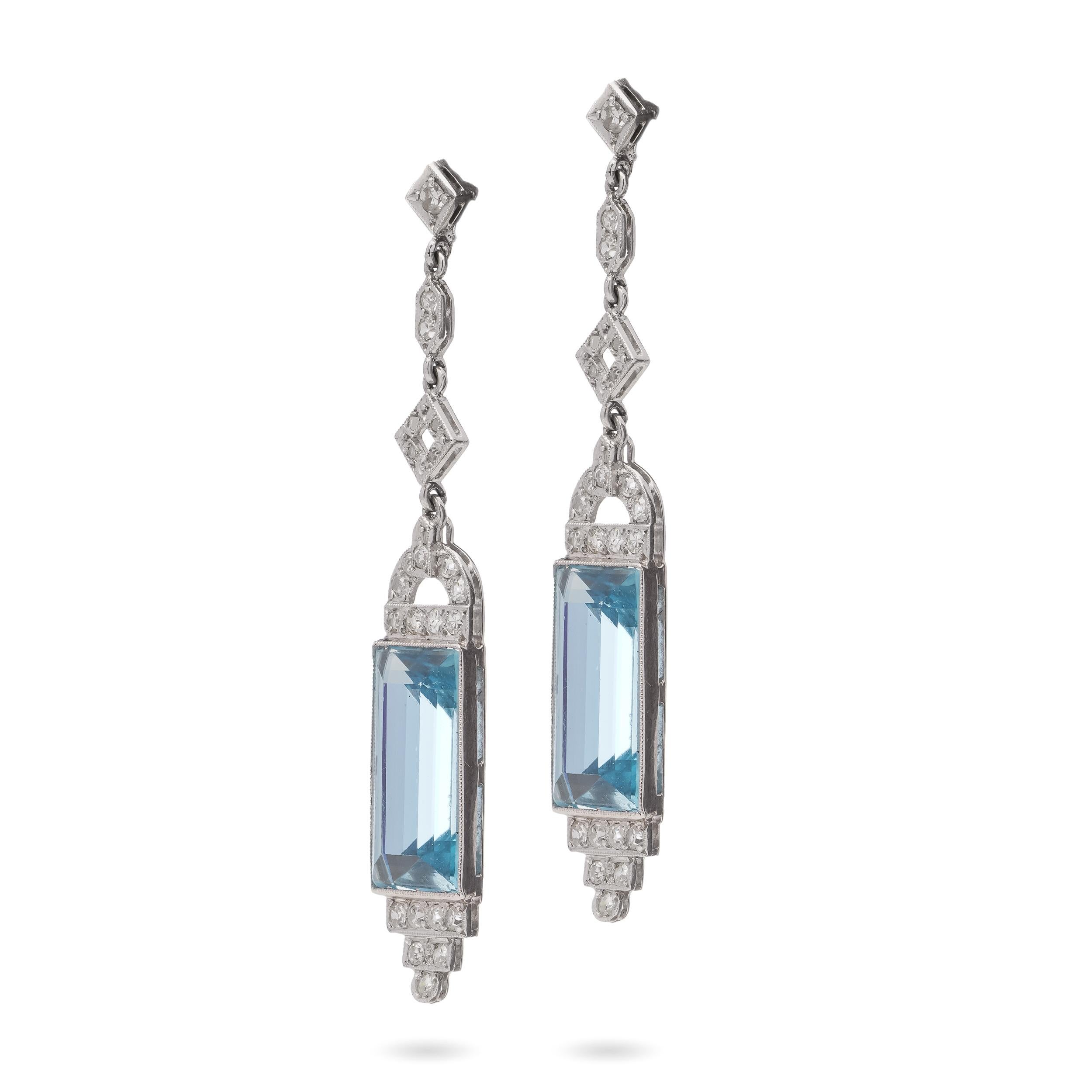Emerald Cut Art Deco 850. Platinum pair of A dangle earrings with Aquamarines and Diamonds For Sale
