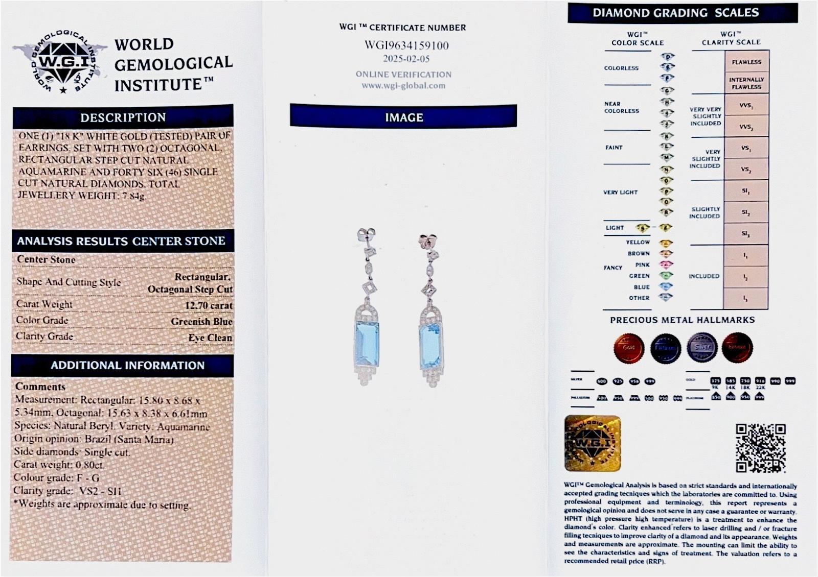 Octagon Cut Art Deco 18kt White Gold Dangle Earrings with 12.70 ct. Aquamarine and Diamonds For Sale