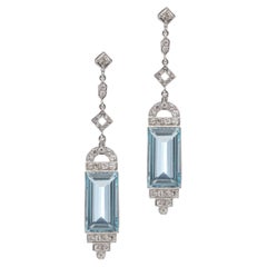 Art Deco 850. Platinum pair of A dangle earrings with Aquamarines and Diamonds