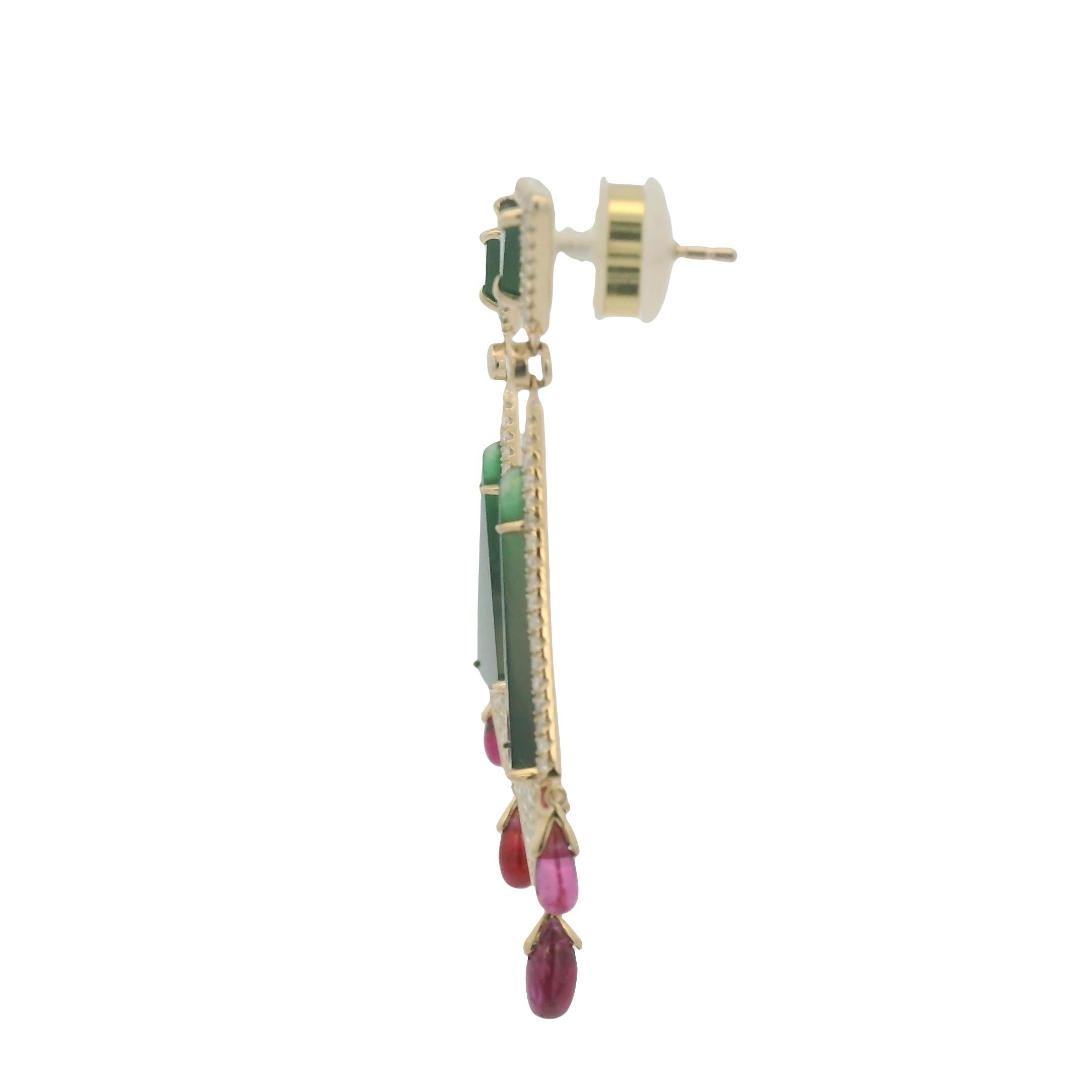 Contemporain Boucles d'oreilles Art Déco 8.5Ct Jade Rubis Diamant en or jaune 14K en vente