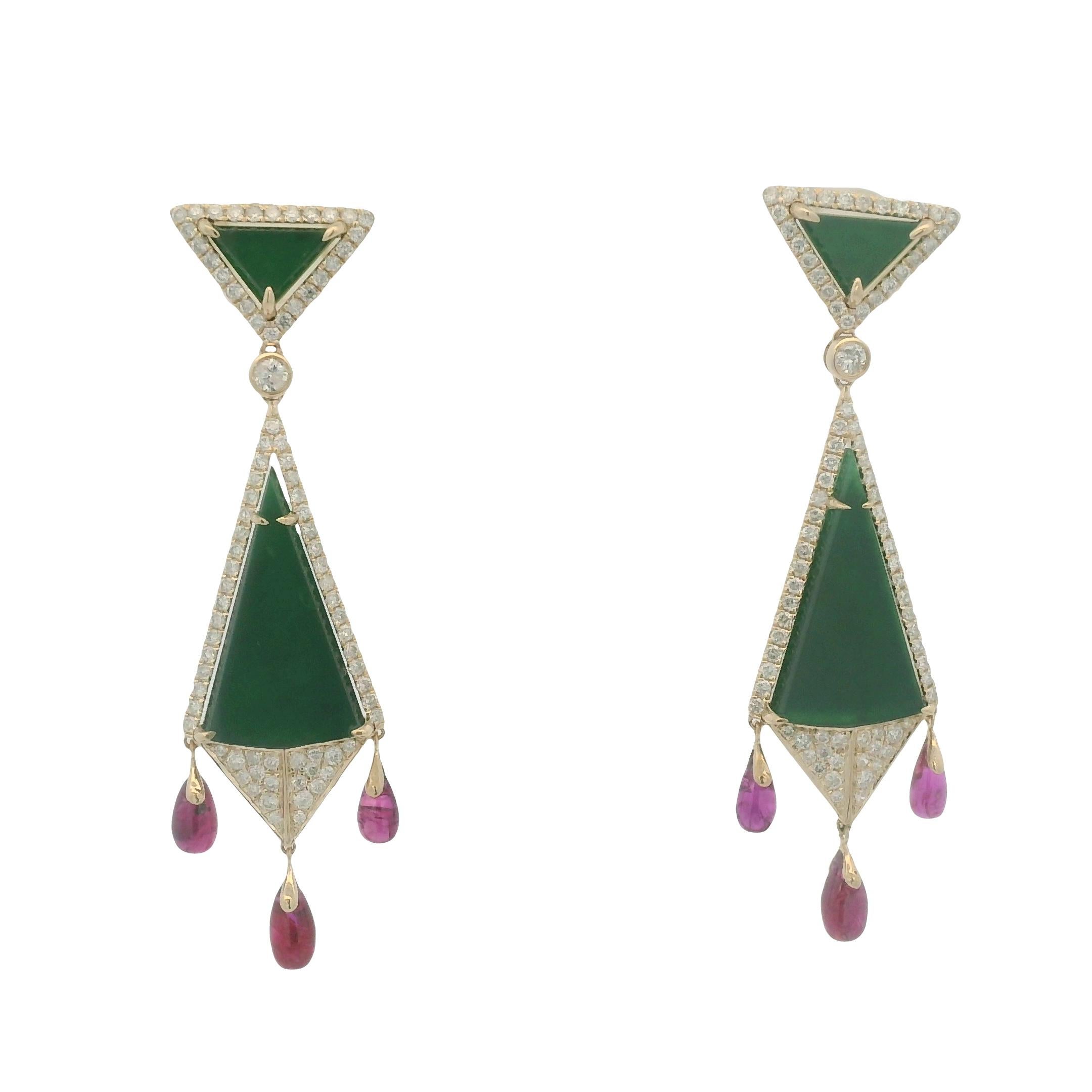 Taille mixte Boucles d'oreilles Art Déco 8.5Ct Jade Rubis Diamant en or jaune 14K en vente