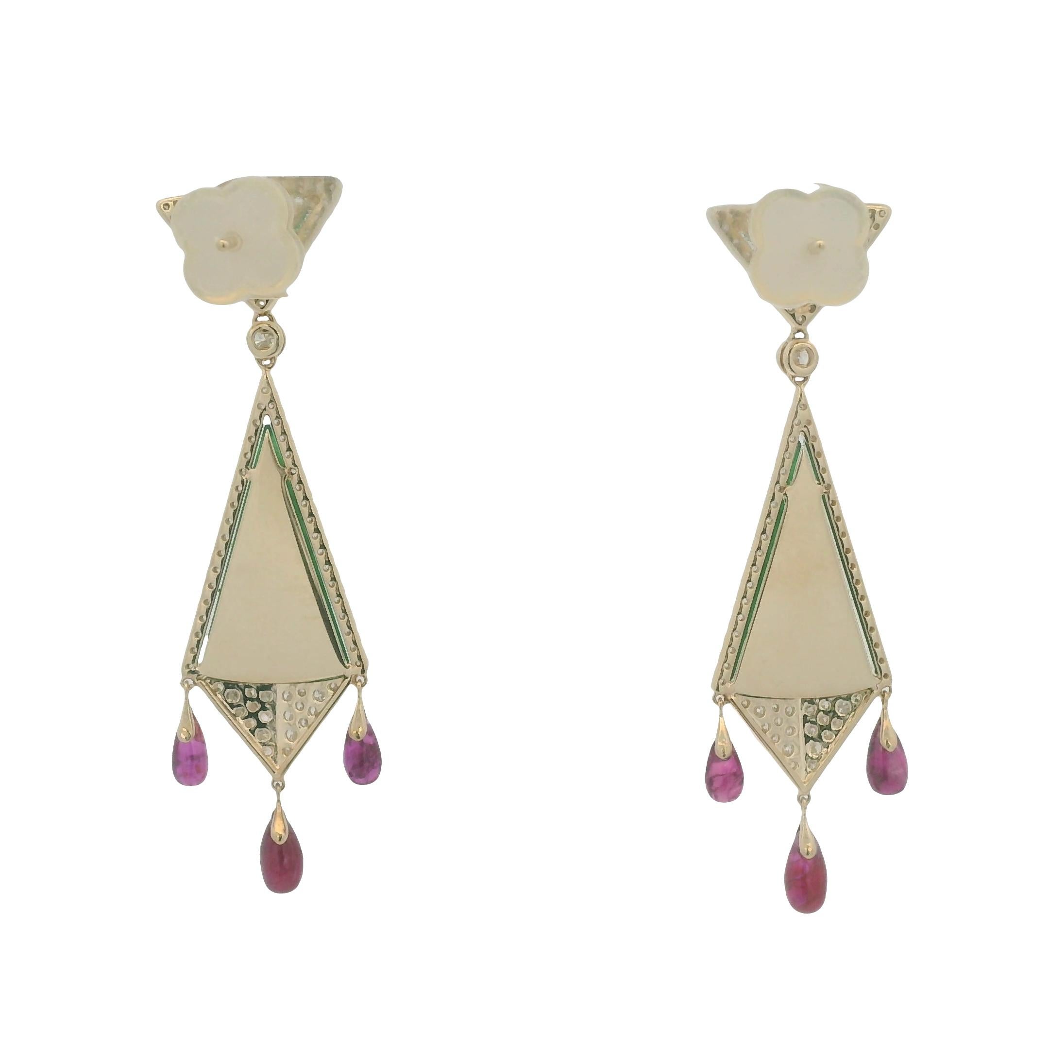 Boucles d'oreilles Art Déco 8.5Ct Jade Rubis Diamant en or jaune 14K Neuf - En vente à Hong Kong, HK