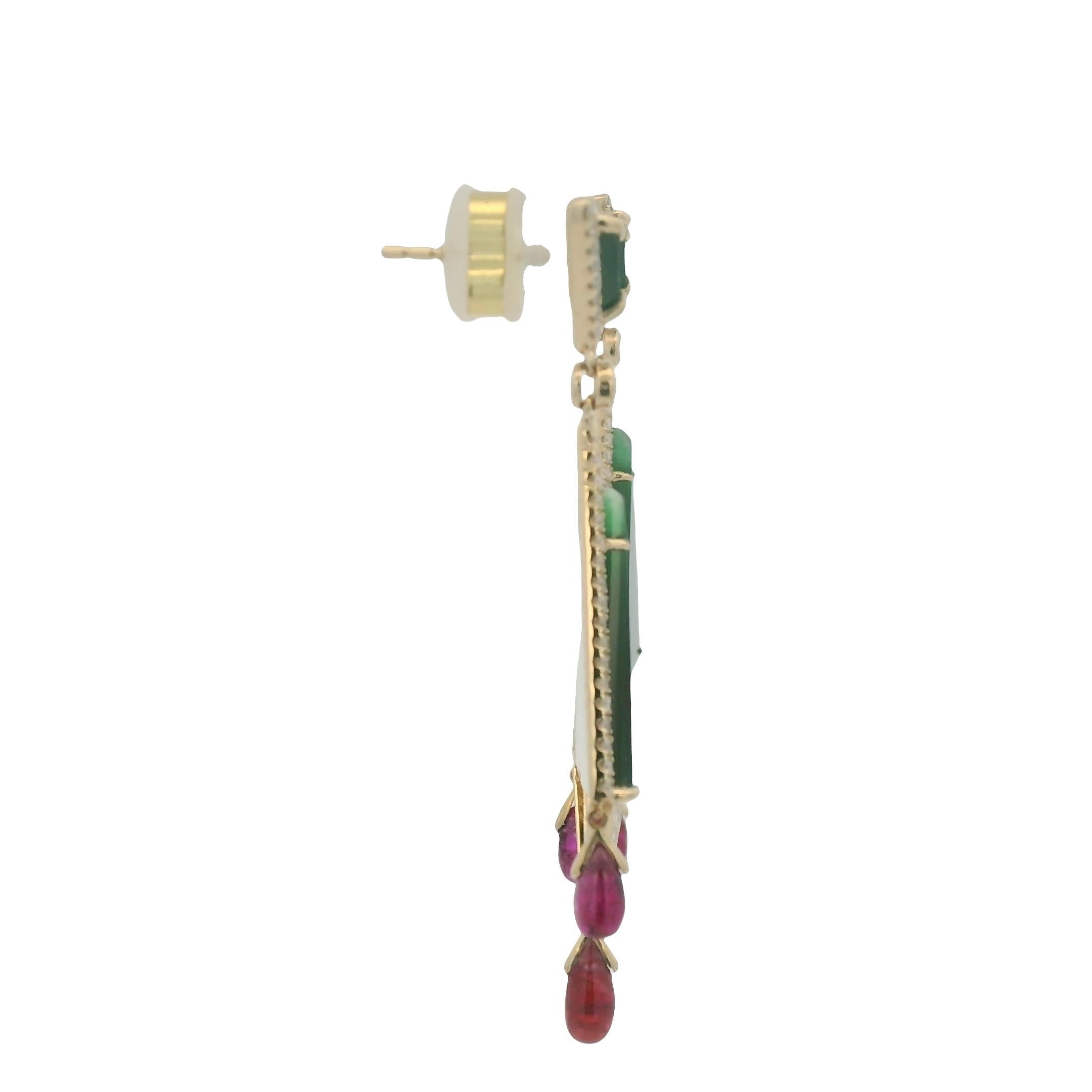 Boucles d'oreilles Art Déco 8.5Ct Jade Rubis Diamant en or jaune 14K Pour femmes en vente