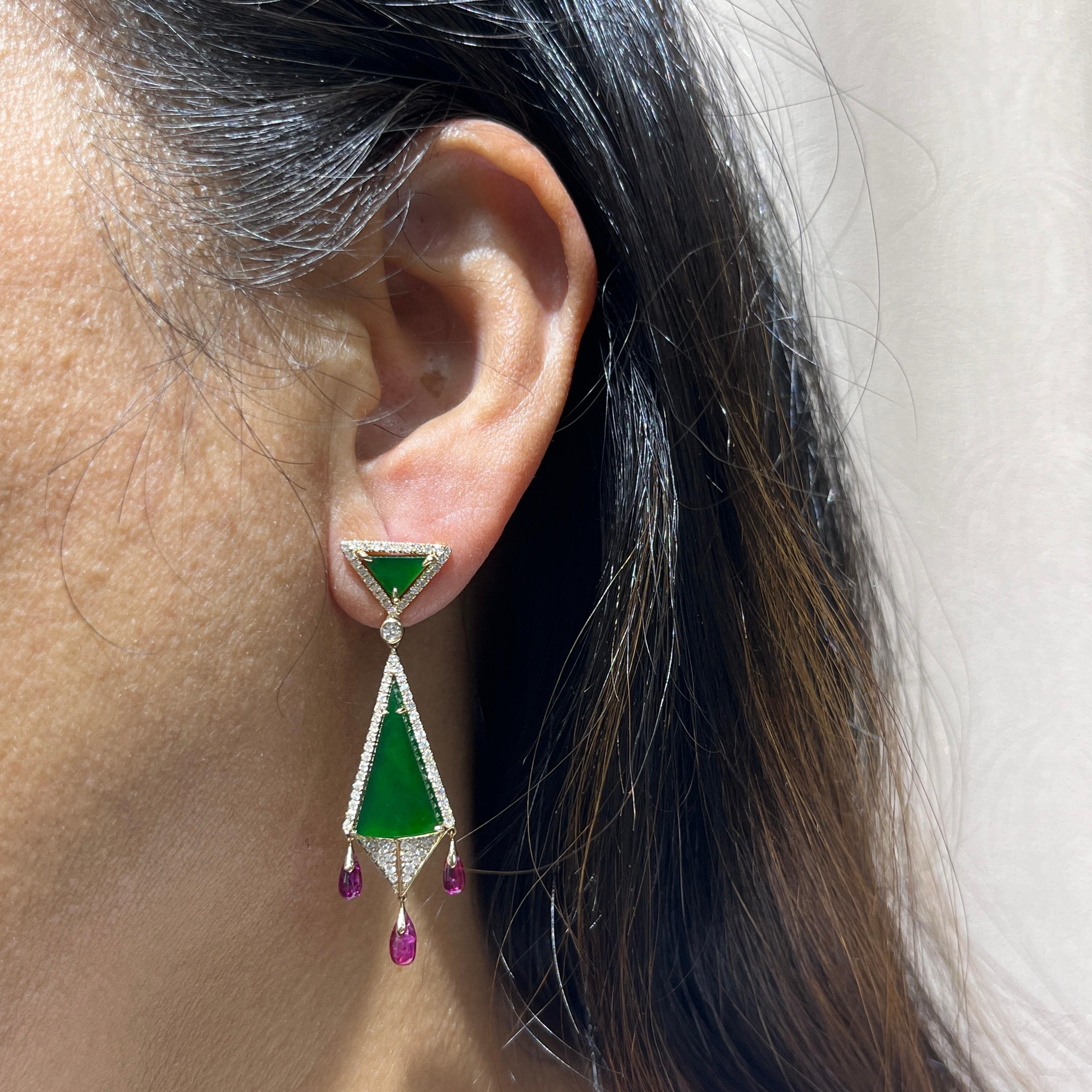 Boucles d'oreilles Art Déco 8.5Ct Jade Rubis Diamant en or jaune 14K en vente 1