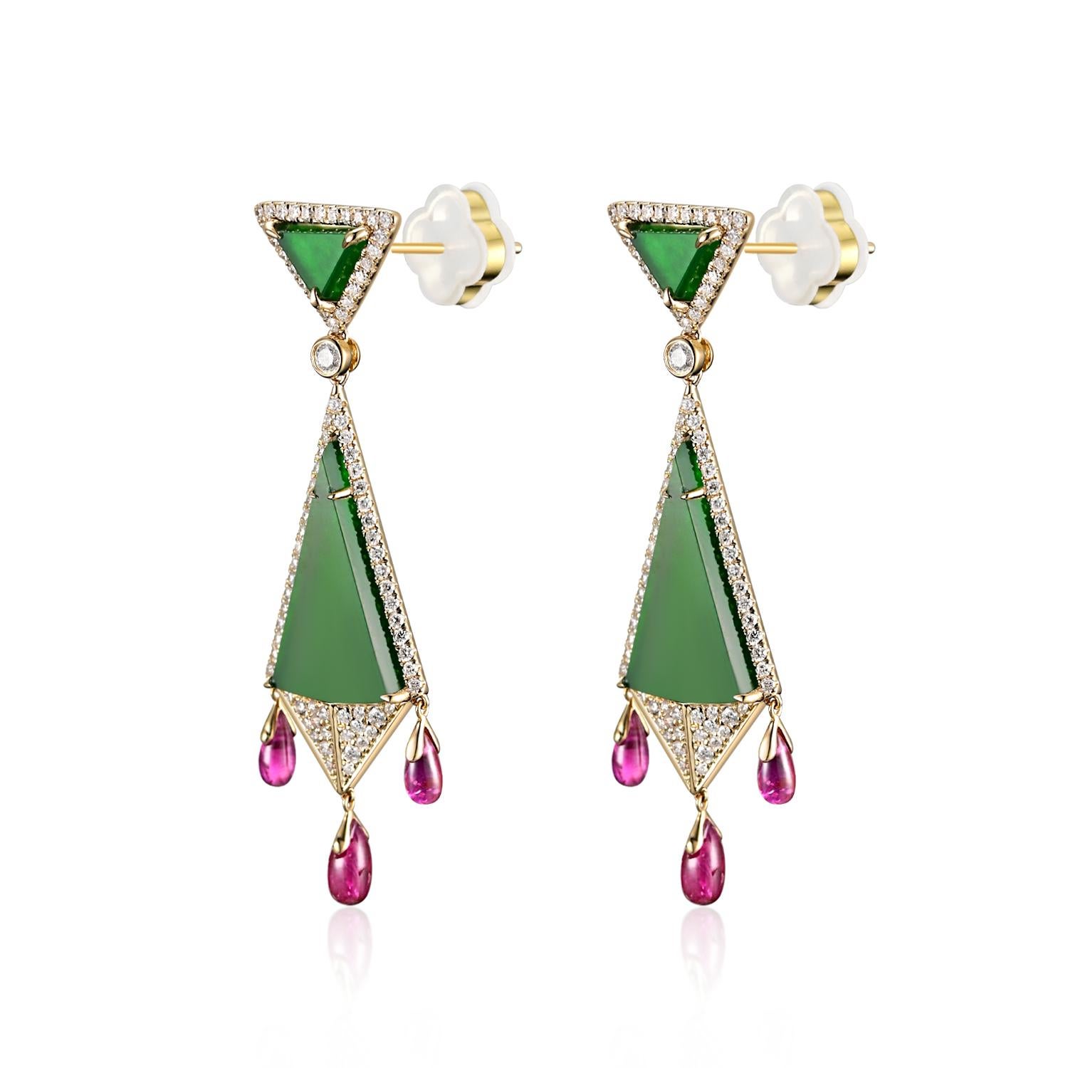 Boucles d'oreilles Art Déco 8.5Ct Jade Rubis Diamant en or jaune 14K en vente 2