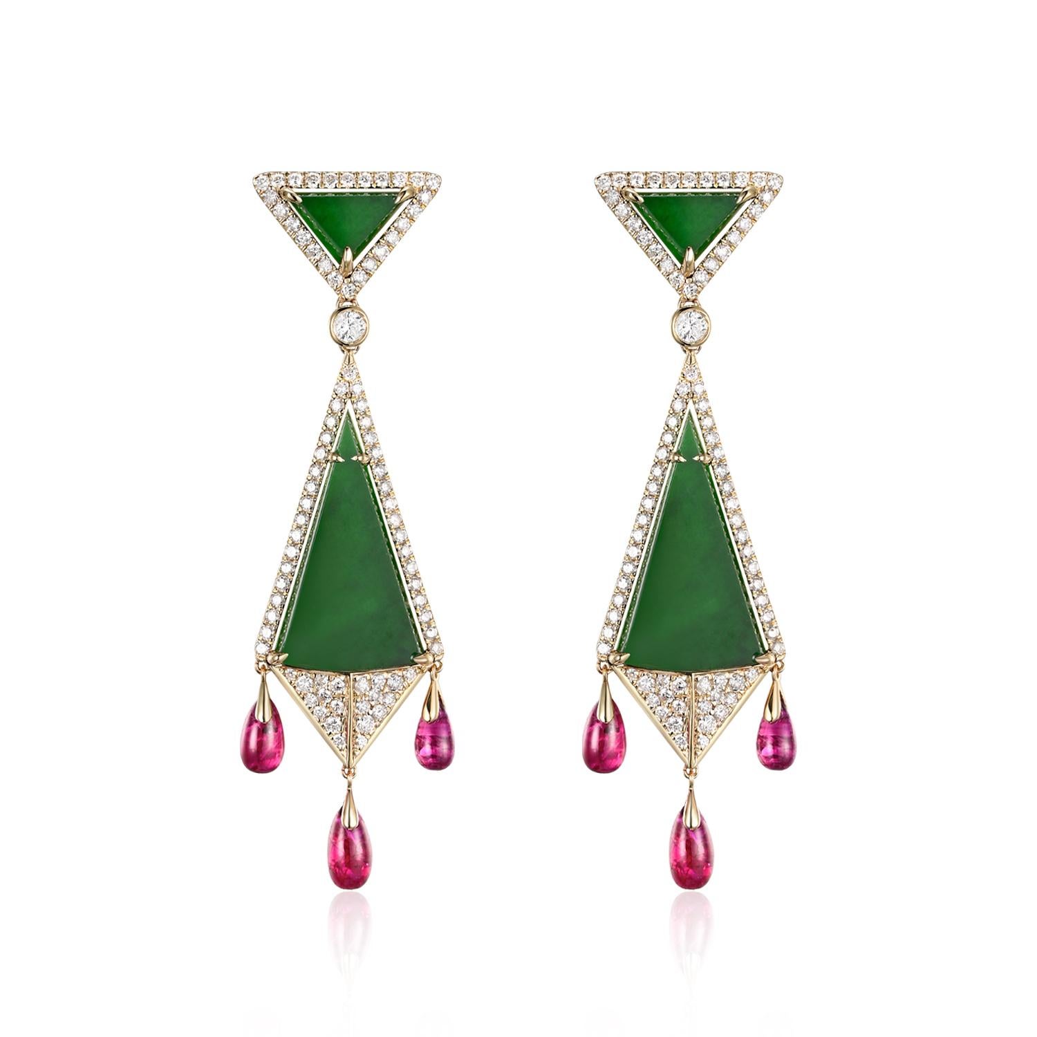 Boucles d'oreilles Art Déco 8.5Ct Jade Rubis Diamant en or jaune 14K en vente 3