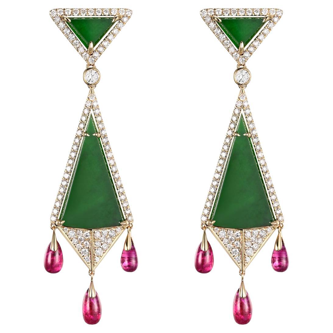Boucles d'oreilles Art Déco 8.5Ct Jade Rubis Diamant en or jaune 14K en vente