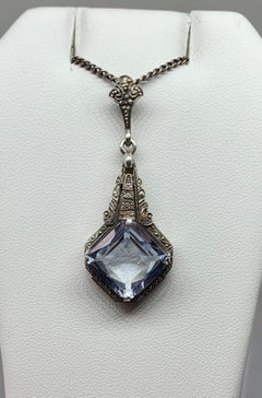 Art Deco 8.6 Carat Blue Spinel Pendant Necklace Silver Antique Circa 1920