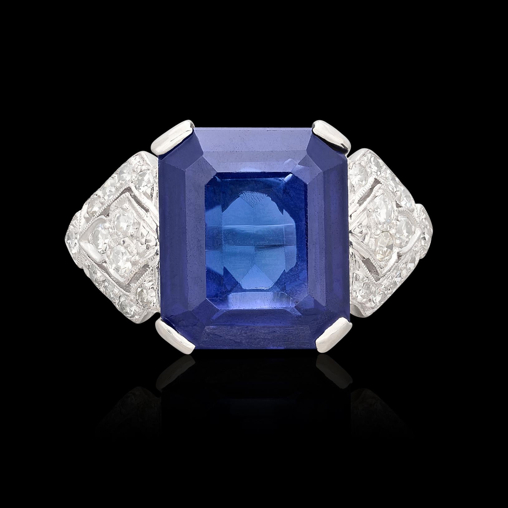 Emerald Cut Art Deco 8.66ct Sapphire & Diamond Ring For Sale