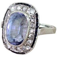 Art Deco 8.68 Carat Natural Ceylon Sapphire and Diamond Cluster Ring