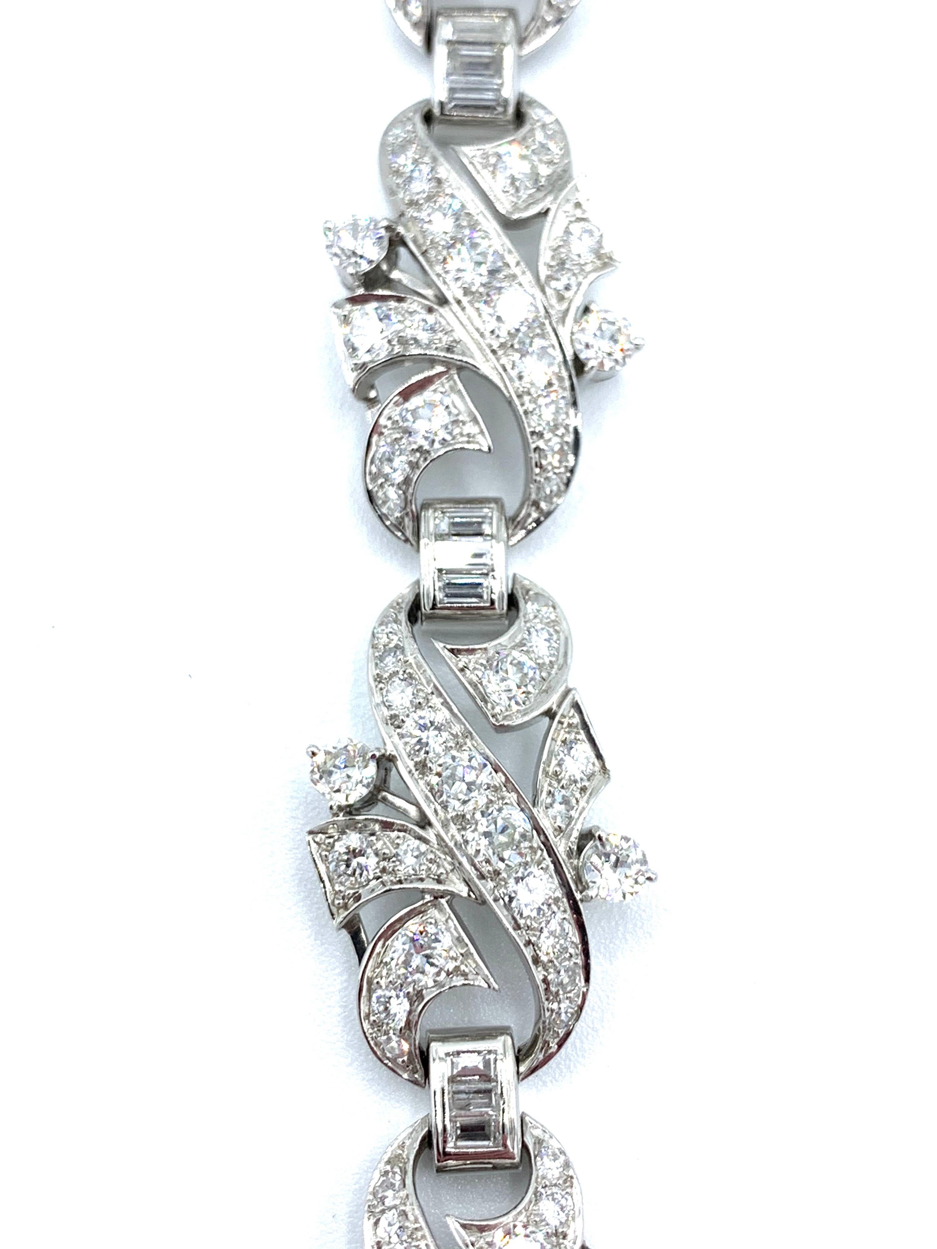 Round Cut Art Deco Style 8.68 Carat Round and Baguette Diamond Platinum Bracelet For Sale