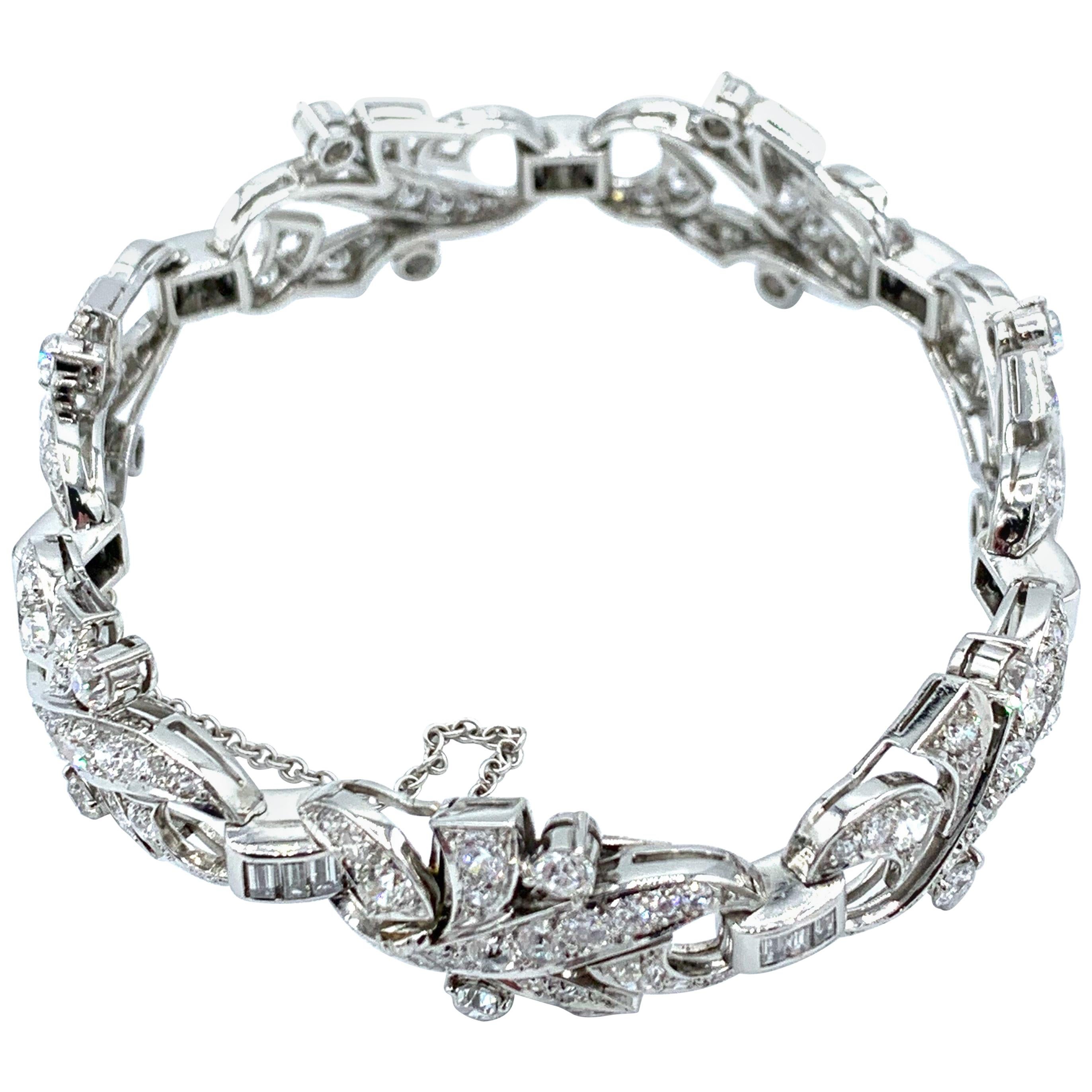 Art Deco Style 8.68 Carat Round and Baguette Diamond Platinum Bracelet