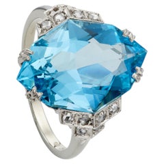 Art Deco 8.70ct Aquamarine & Diamond Cocktail Ring in 14K White Gold