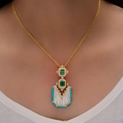 Art Deco Inspired 8.78 Ct Gemstone Diamond 18K Yellow Gold Statement Necklace