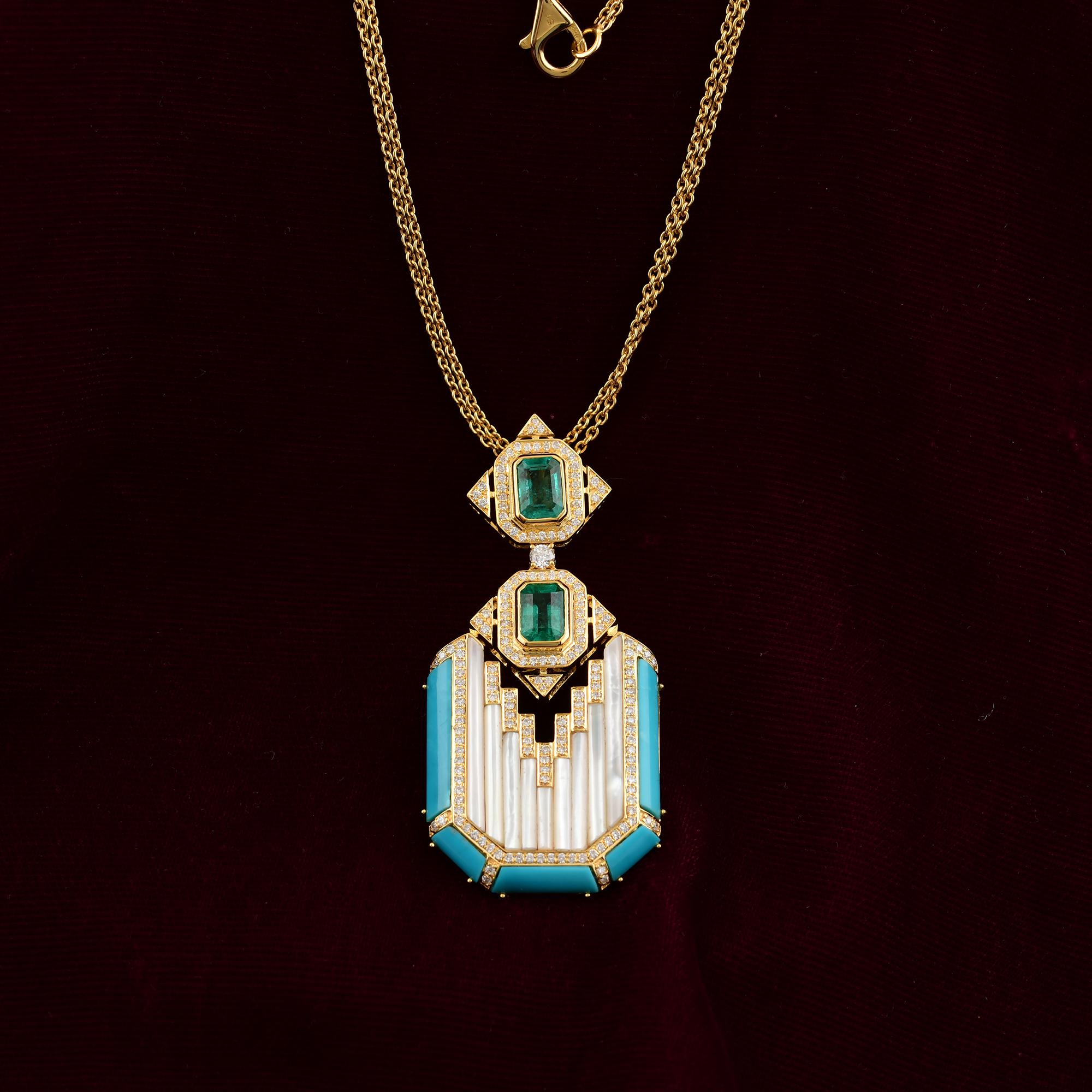 Art Deco 8.78Ct Edelstein & Diamant Anhänger Halskette in 18K Solid Gelbgold im Angebot 1