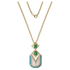 Art Deco 8.78Ct Edelstein & Diamant Anhänger Halskette in 18K Solid Gelbgold