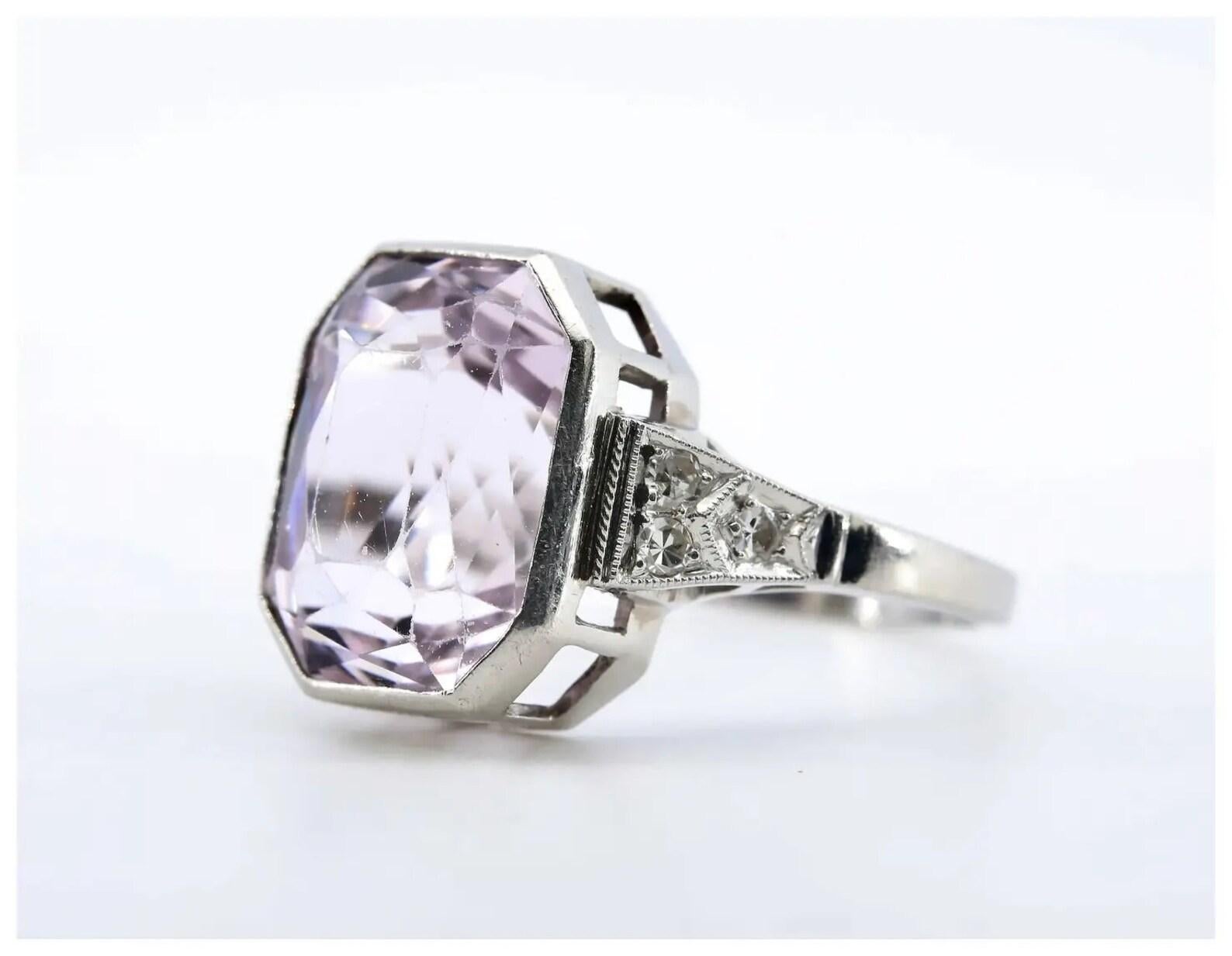 Octagon Cut Art Deco 8.87CTW Pink Kunzite & Diamond Ring in Platinum C. 1920's