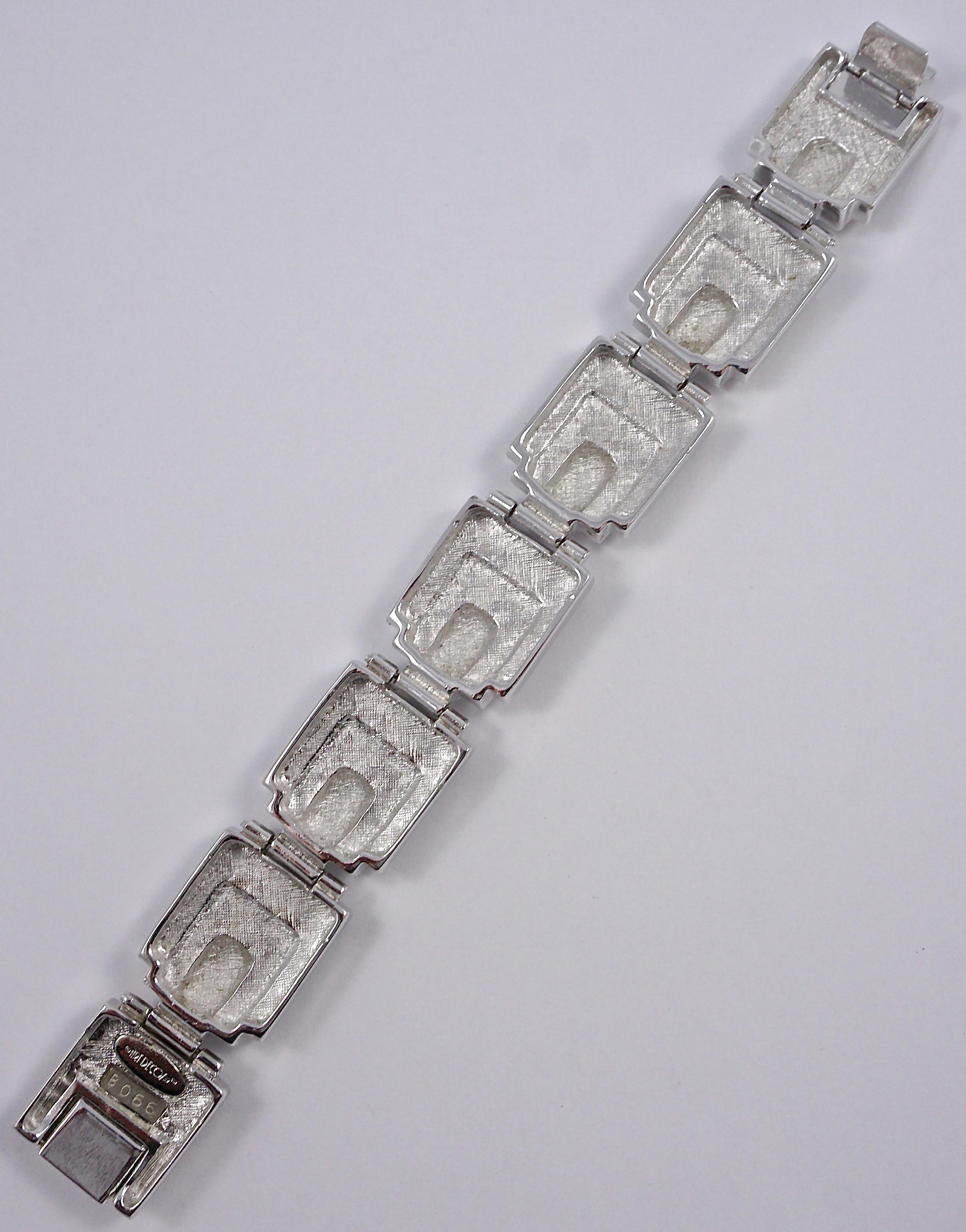 Art Deco 89 Silver Plated Link Bracelet with Clear Rhinestones and Black Enamel In Good Condition In London, GB