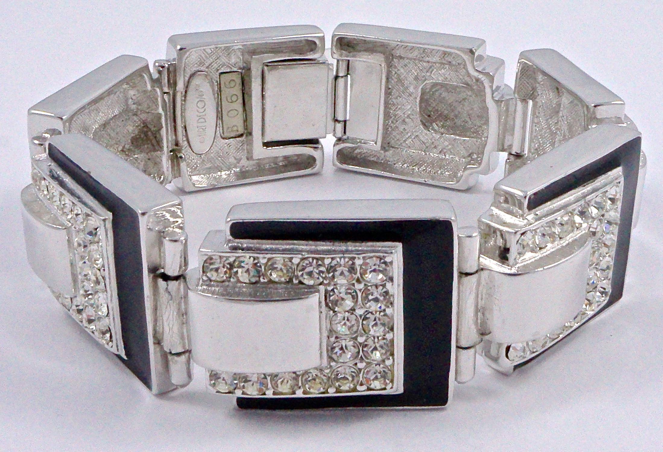 Women's or Men's Art Deco 89 Silver Plated Link Bracelet with Clear Rhinestones and Black Enamel