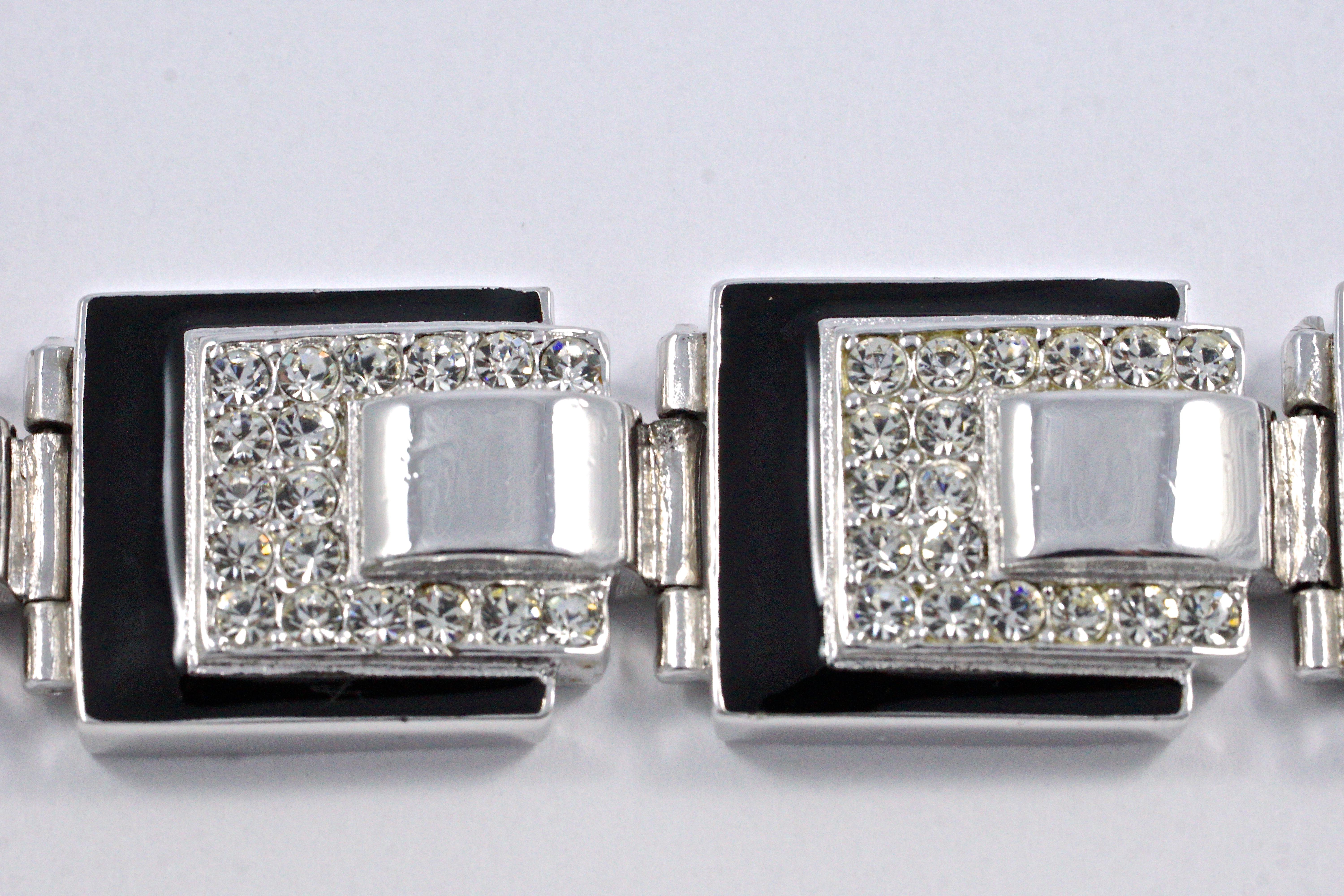 Art Deco 89 Silver Plated Link Bracelet with Clear Rhinestones and Black Enamel 2