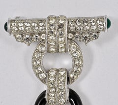Art Deco 89 Silver Tone Drop Brooch with Black Enamel and Clear Rhinestones