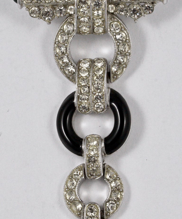 Art Deco 89 Silver Tone Drop Brooch with Black Enamel and Clear