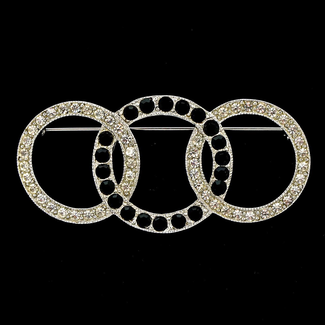 Art Deco 89 Silver Tone Three Circles Brooch with Black and Clear Rhinestones For Sale 3
