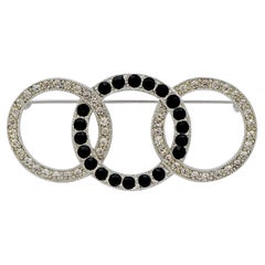 Art Deco 89 Silver Tone Three Circles Brooch with Black and Clear Rhinestones