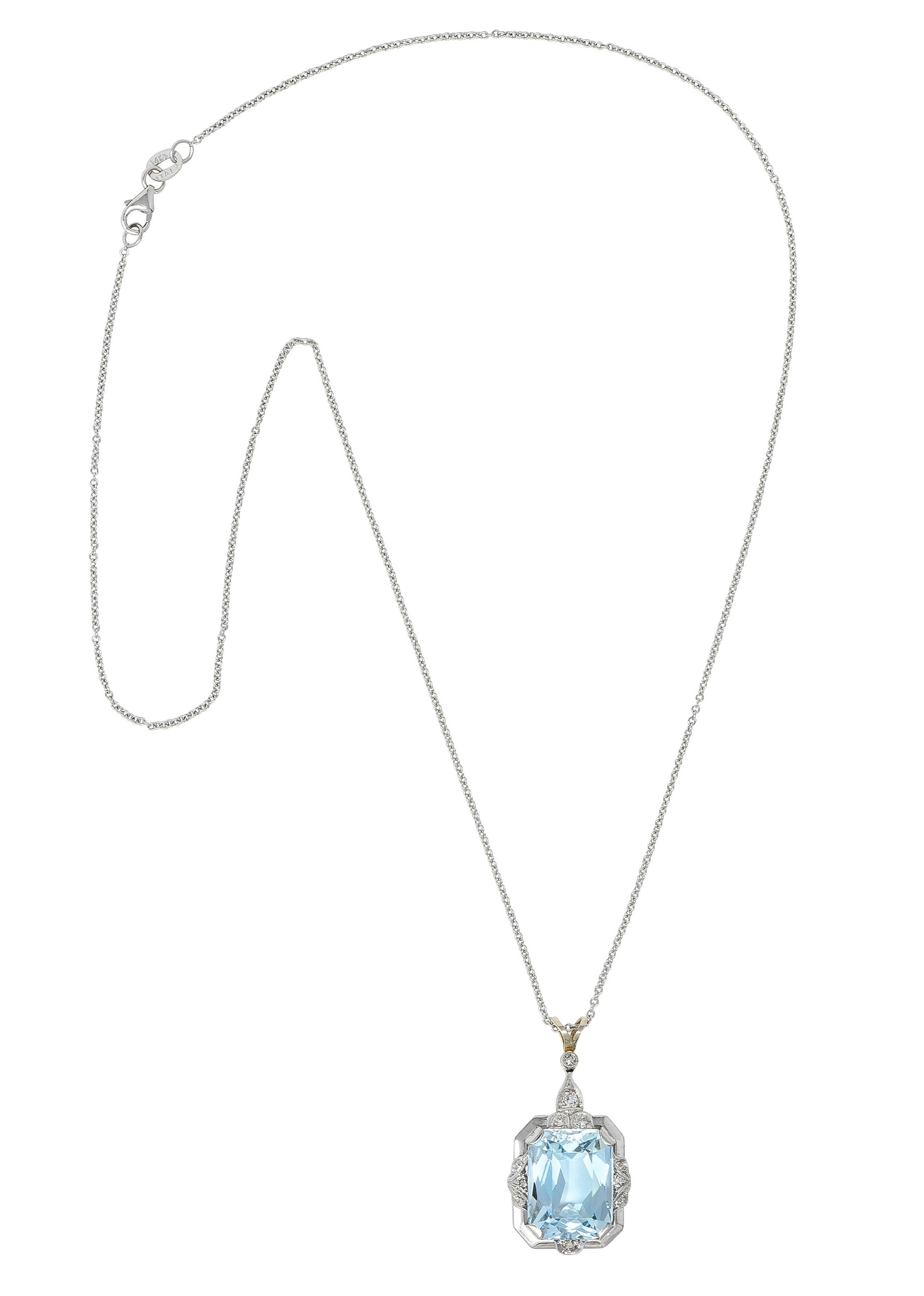 Radiant Cut Art Deco 8.90 CTW Aquamarine Diamond 14K White Gold Vintage Pendant Necklace