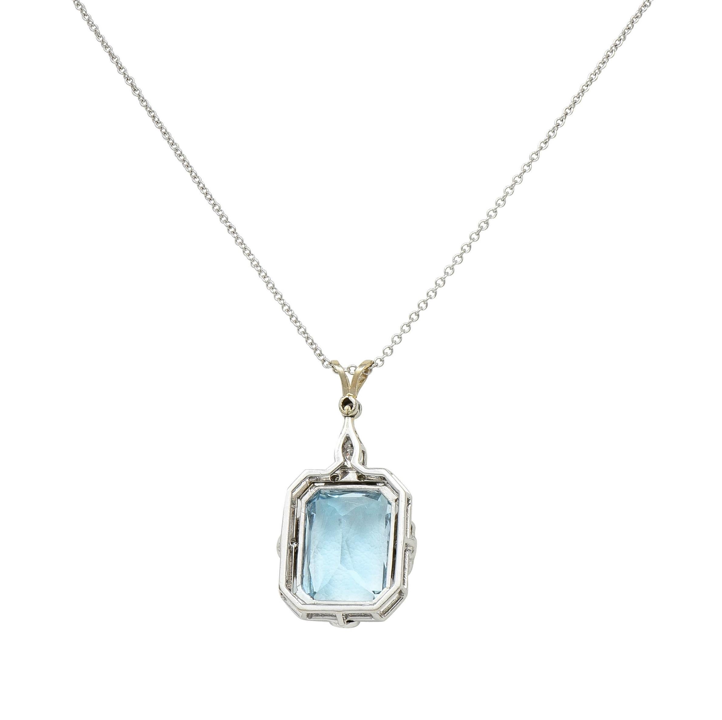 Art Deco 8.90 CTW Aquamarine Diamond 14K White Gold Vintage Pendant Necklace 1