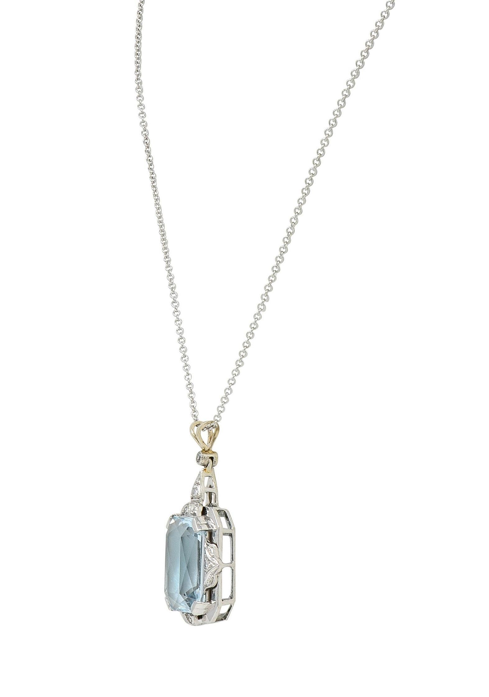 Art Deco 8.90 CTW Aquamarine Diamond 14K White Gold Vintage Pendant Necklace 2