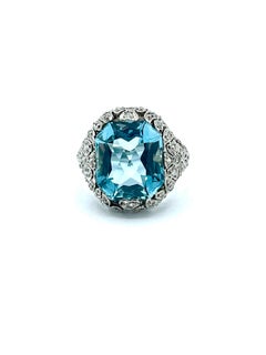 Art Deco 8.95 Carat Cushion Shaped Aquamarine and Diamond Platinum Cocktail Ring
