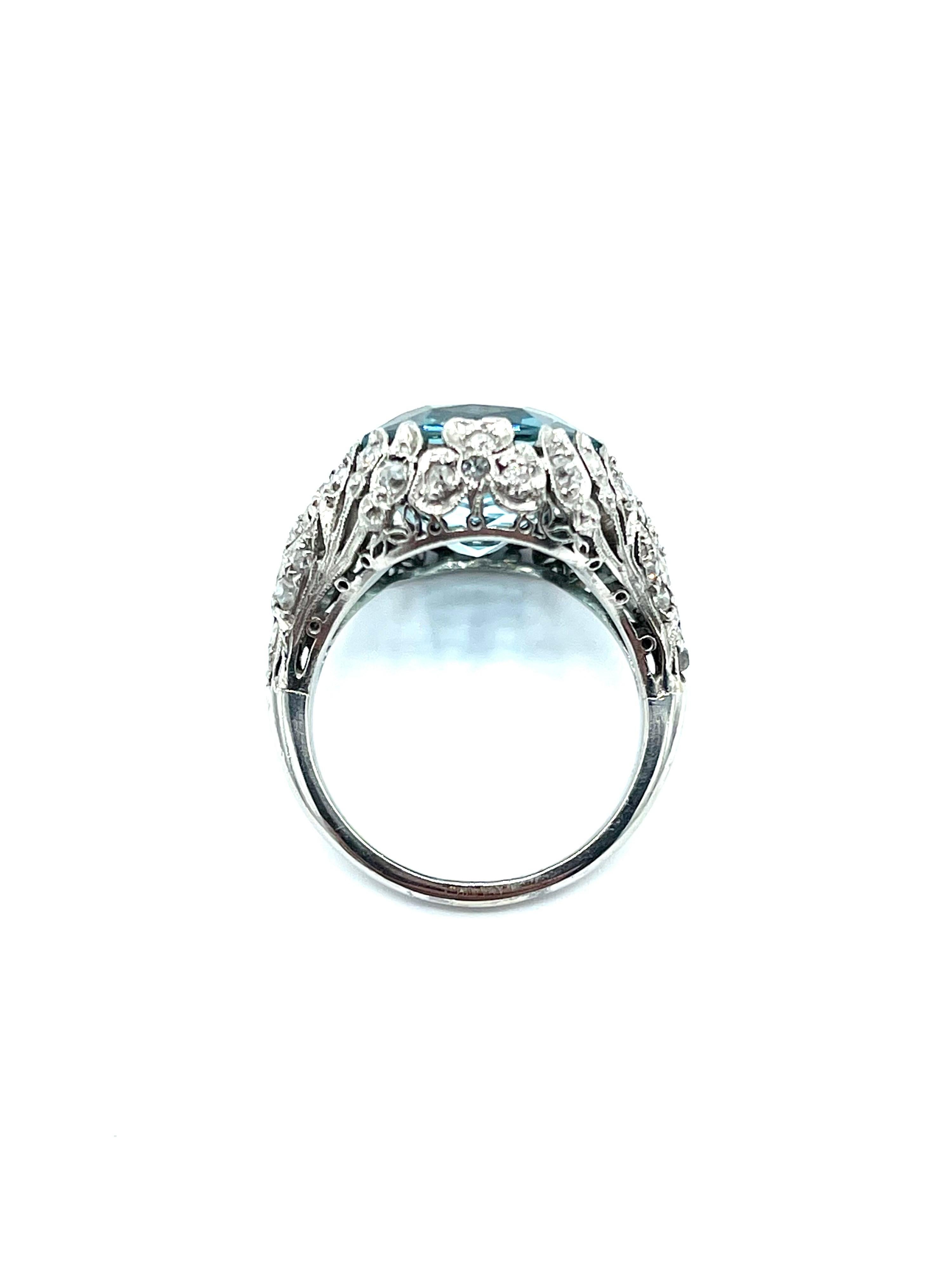 Art Deco 8.95 Carat Cushion Shaped Aquamarine and Diamond Platinum Cocktail Ring In Excellent Condition For Sale In Chevy Chase, MD