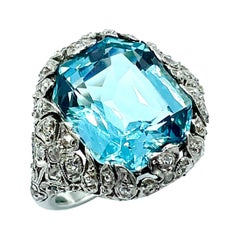 Platin-Cocktailring mit 8,95 Karat Aquamarin im Kissenschliff und Diamant im Art déco-Stil