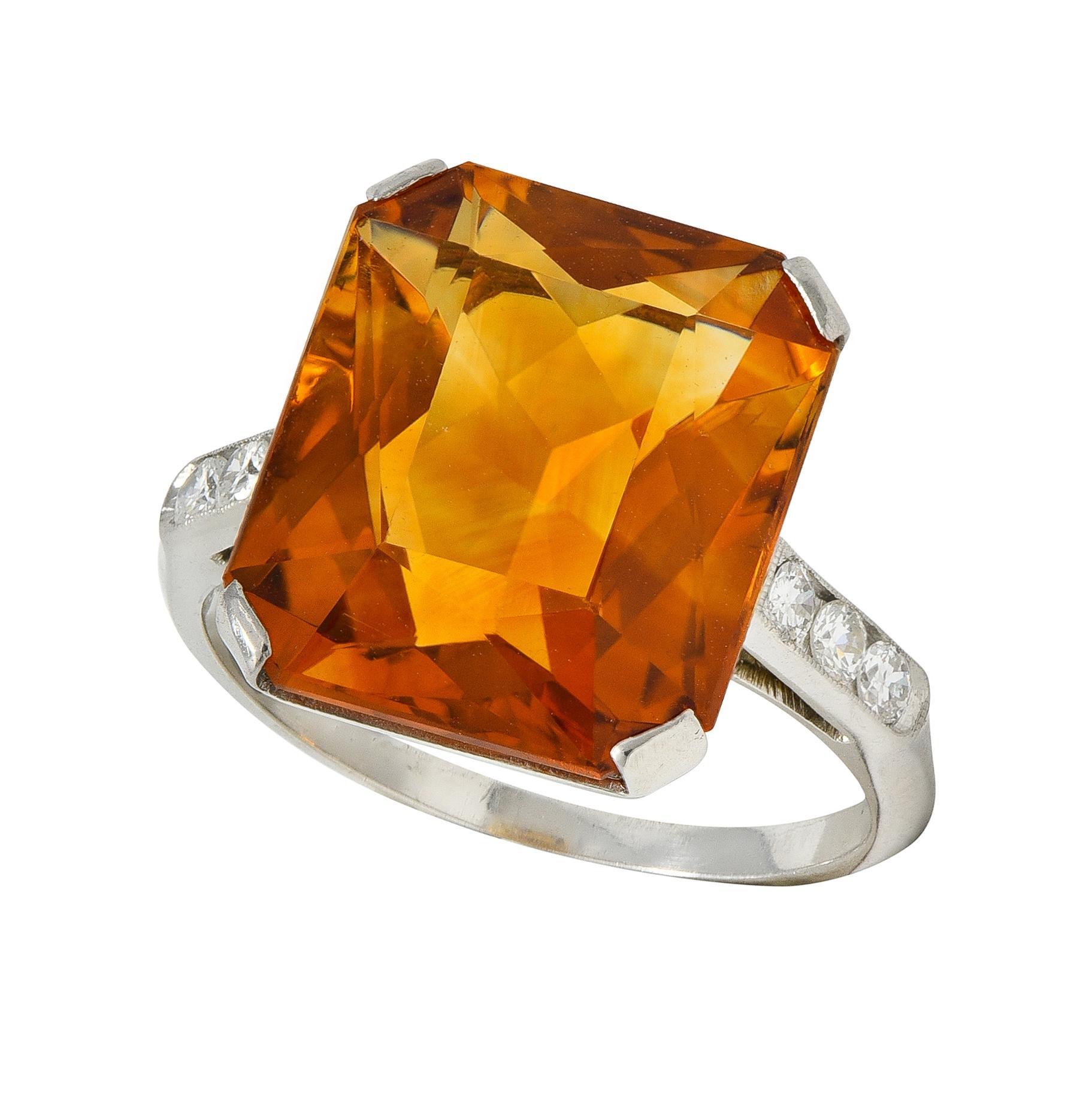 Art Deco 8.95 CTW Citrine Diamond Platinum Vintage Cocktail Ring For Sale 4