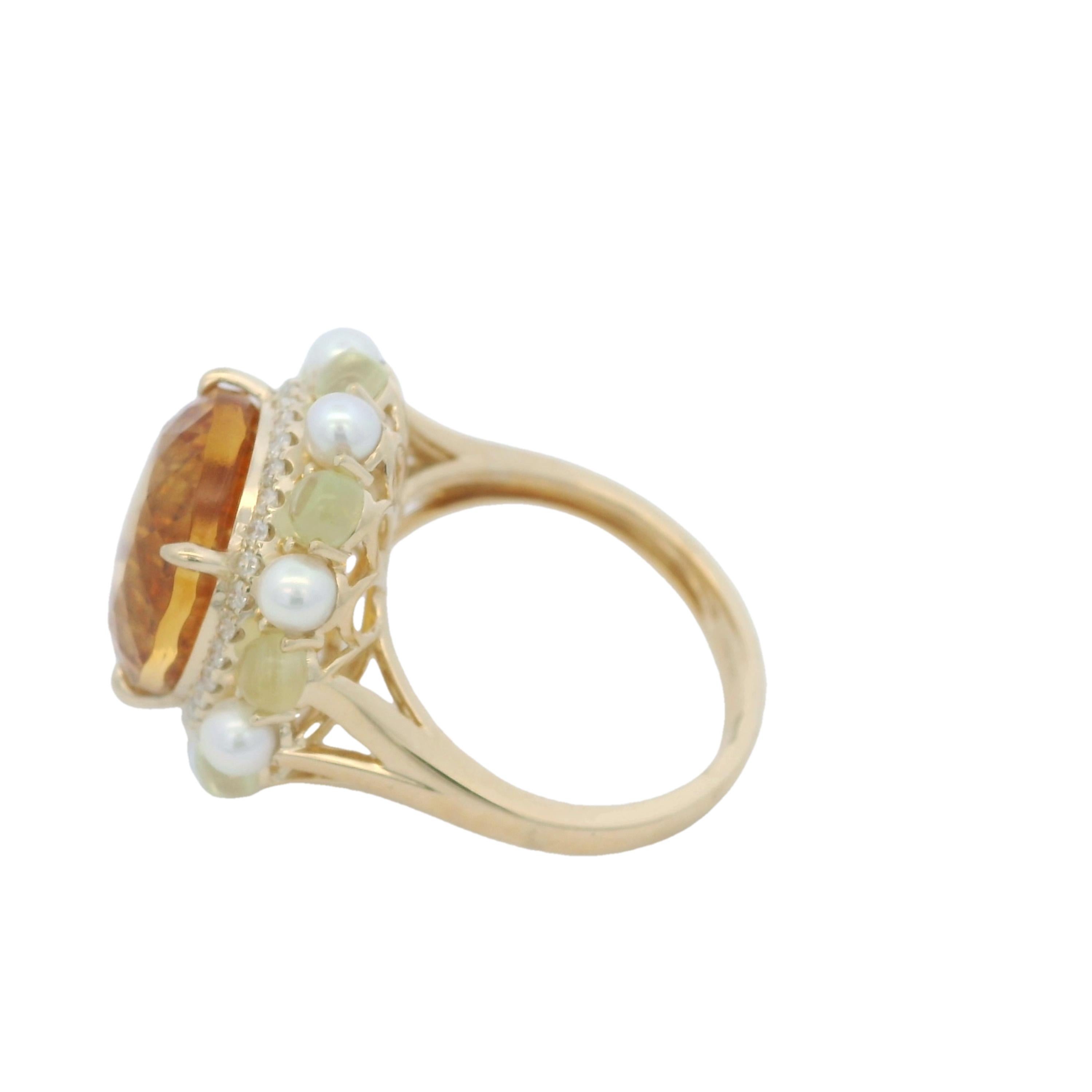 This enchanting ring exudes a sense of luxury and elegance, crafted in 14-karat yellow gold.   At its center is a mesmerizing 8.97-carat citrine gemstone, radiating warmth and brilliance with color.   Encircling the citrine is a halo of 0.42 carats