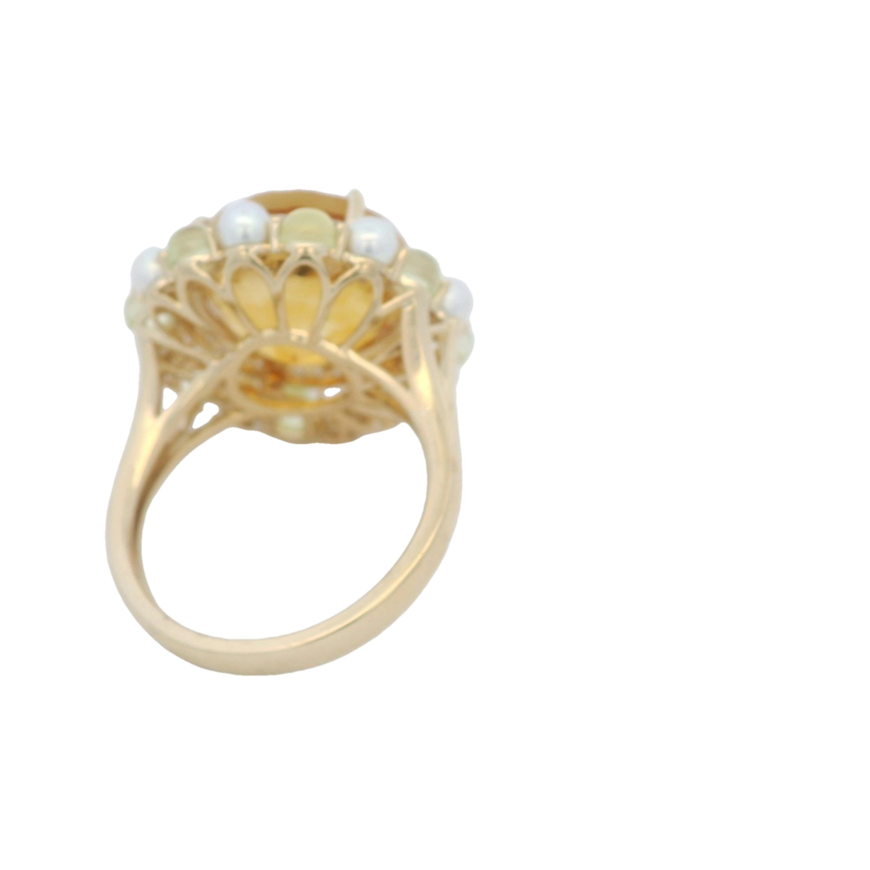 Women's Art Deco 8.97Ct Citrine 1.37Ct Prehinite Diamond Ring in 14K Yellow Gold For Sale