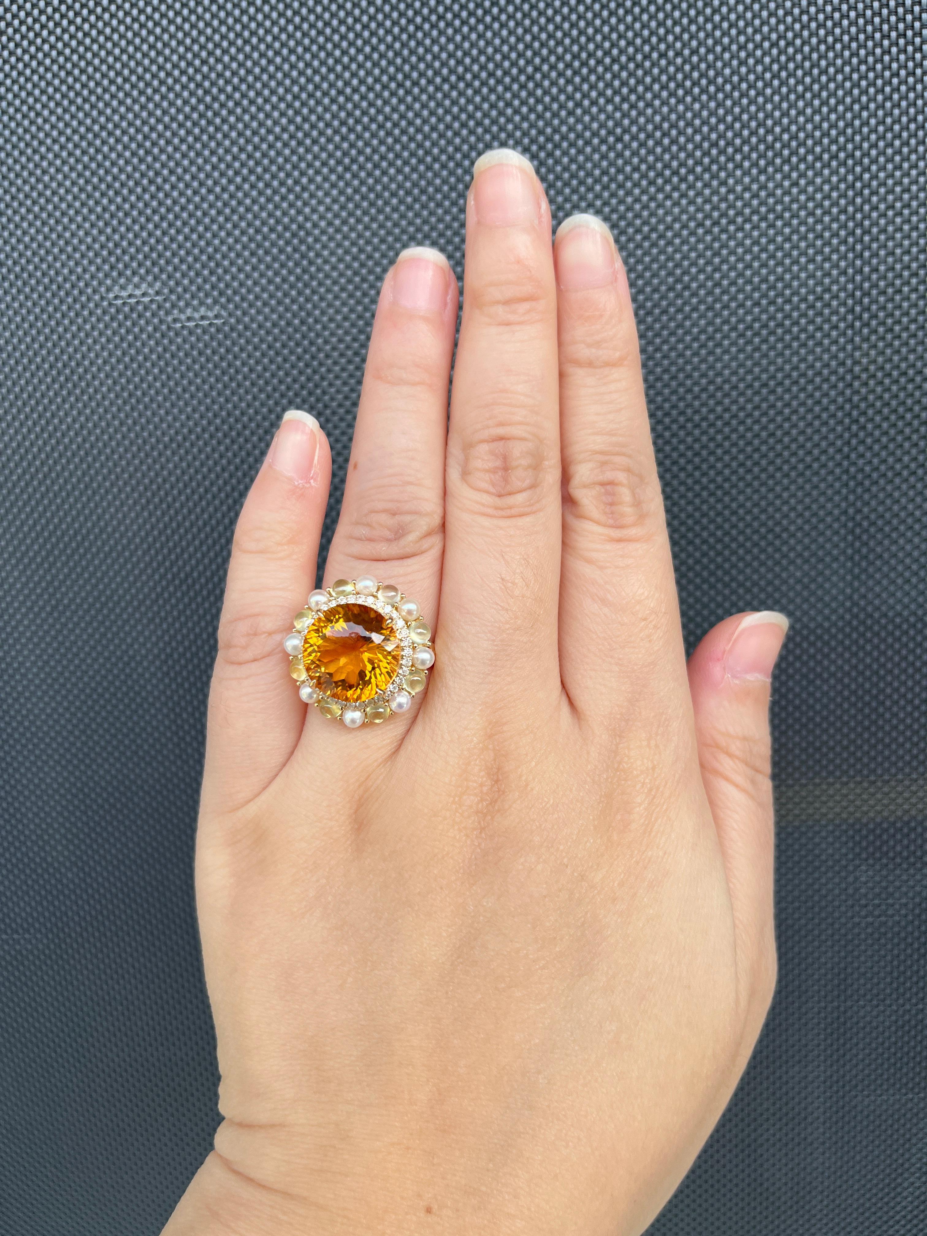 Art Deco 8.97Ct Citrine 1.37Ct Prehinite Diamond Ring in 14K Yellow Gold For Sale 1