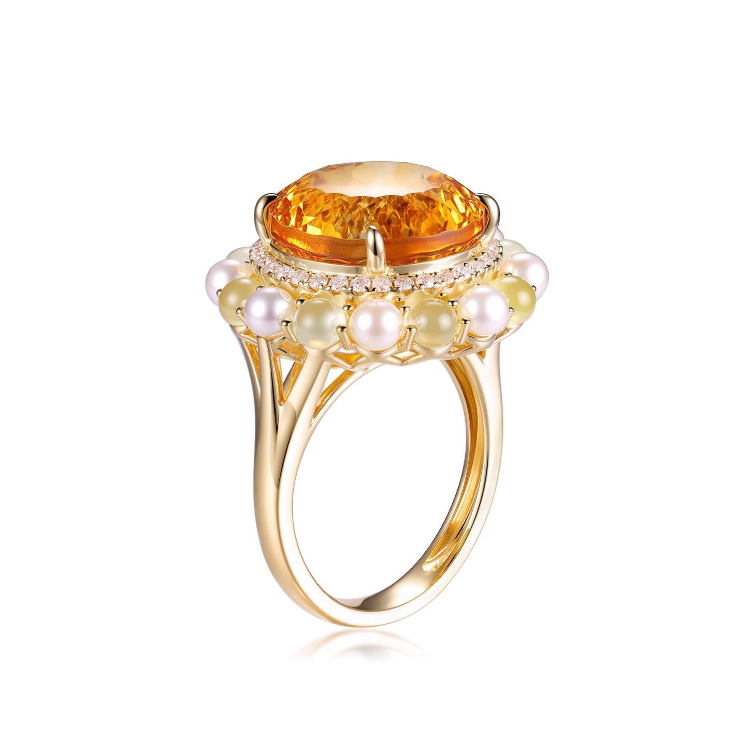 Art Deco 8.97Ct Citrine 1.37Ct Prehinite Diamond Ring in 14K Yellow Gold For Sale 4