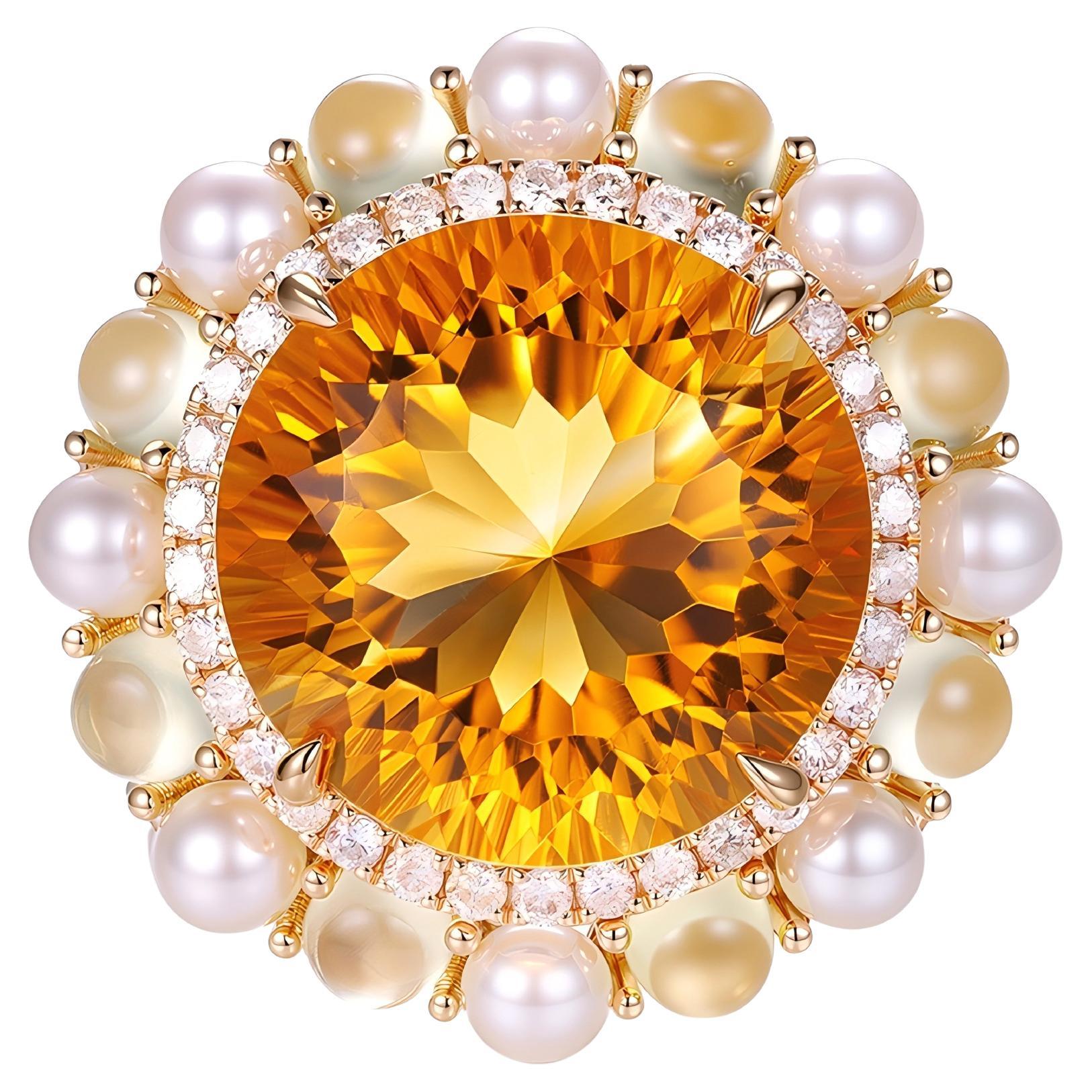 Art Deco 8.97Ct Citrine 1.37Ct Prehinite Diamond Ring in 14K Yellow Gold For Sale