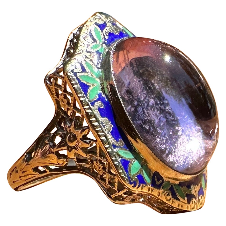 Anello Art Deco 9 Carati Ametista Smalto Antico Oro Bianco 14 Carati