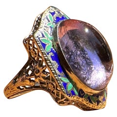 Art Deco 9 Carat Amethyst Enamel Ring Antique 14 Karat White Gold