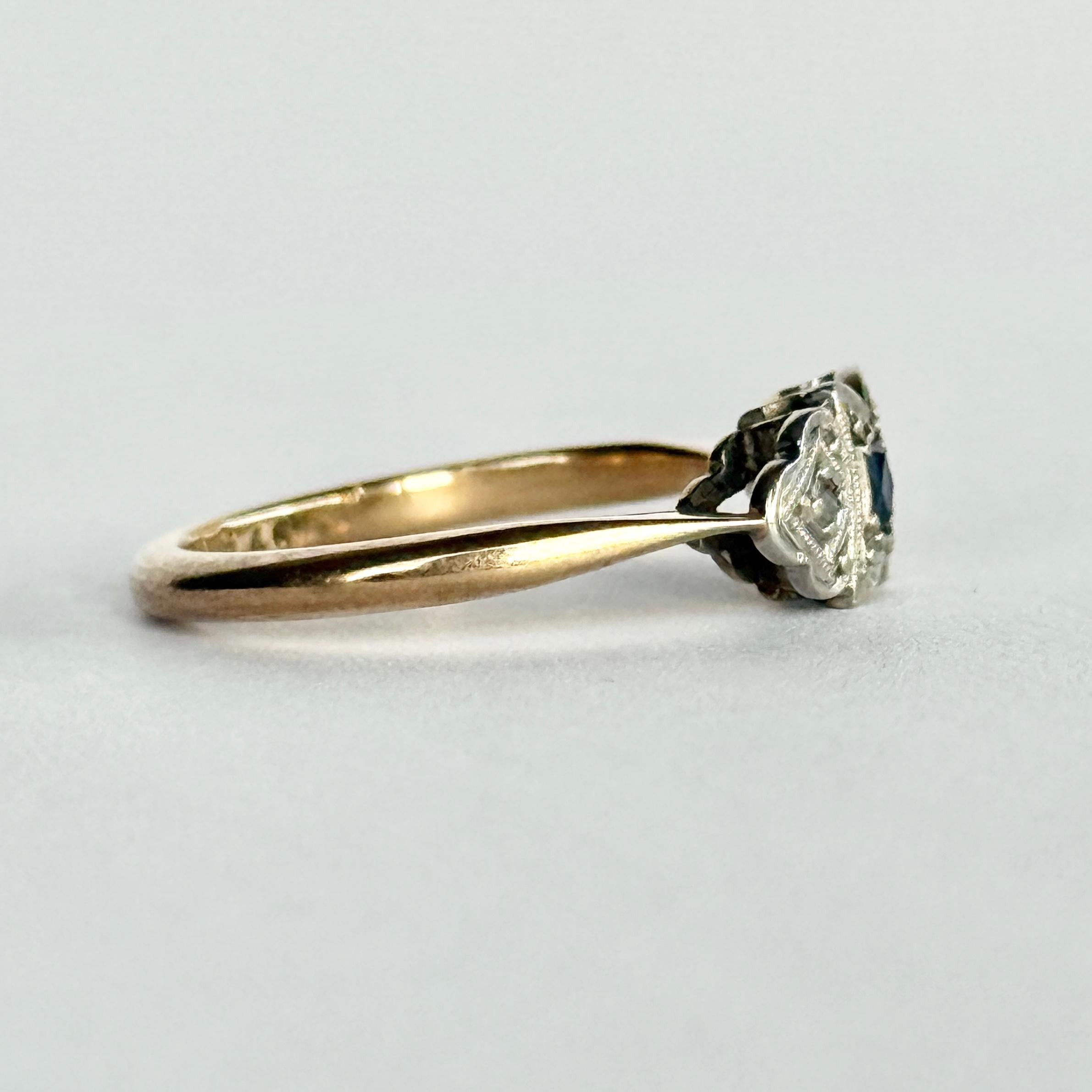 Femenino o masculino Anillo Art Déco de Oro de 9 Quilates y Platino con Panel de Zafiros y Diamantes en venta